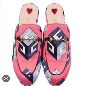 Gucci Pink Satin Cube Printed Mules